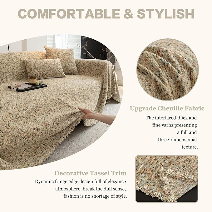 DREAMINGO Thickened Chenille Couch Cover 71x118 Inch Washable 2-Seater Sofa Covers Living Room Sectional Couch Slipcovers Modern Furniture Protector with Tassel, Beige
