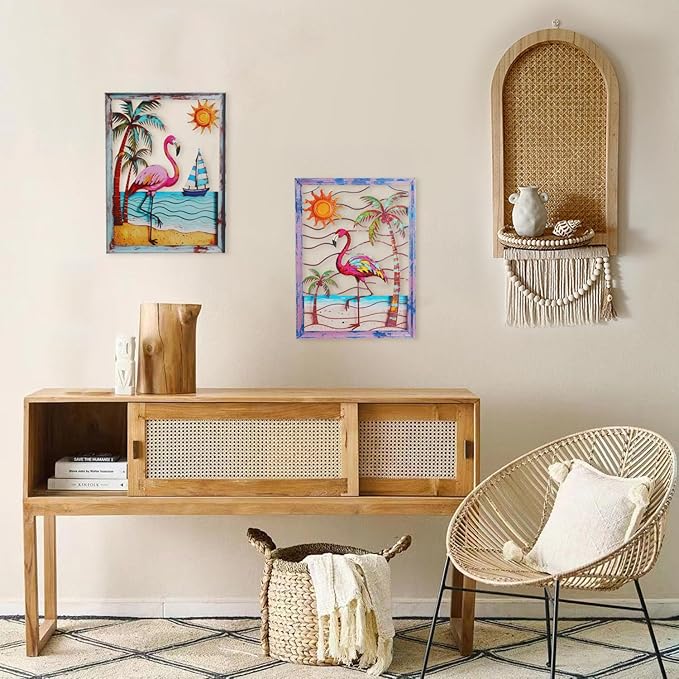 Newinhome Metal Wall Art Flamingo Tropical Boho Wall Decor 2 Pack Flamingo Hanging Artwork Theme for Living Room Bathroom Patio Yard Housewarming Gift
