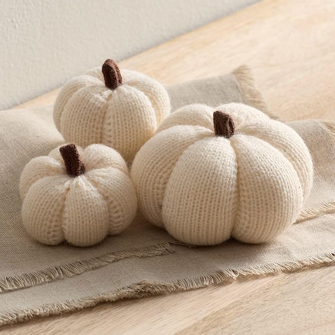 Your Heart's Content Cozy Mini Knit Set of 3 Ivory Pumpkins, Table top décor, Fall Accent Bowl Filler, tablescape, New Apartment Fall Gift (Snowdrop Multi-Size Set)