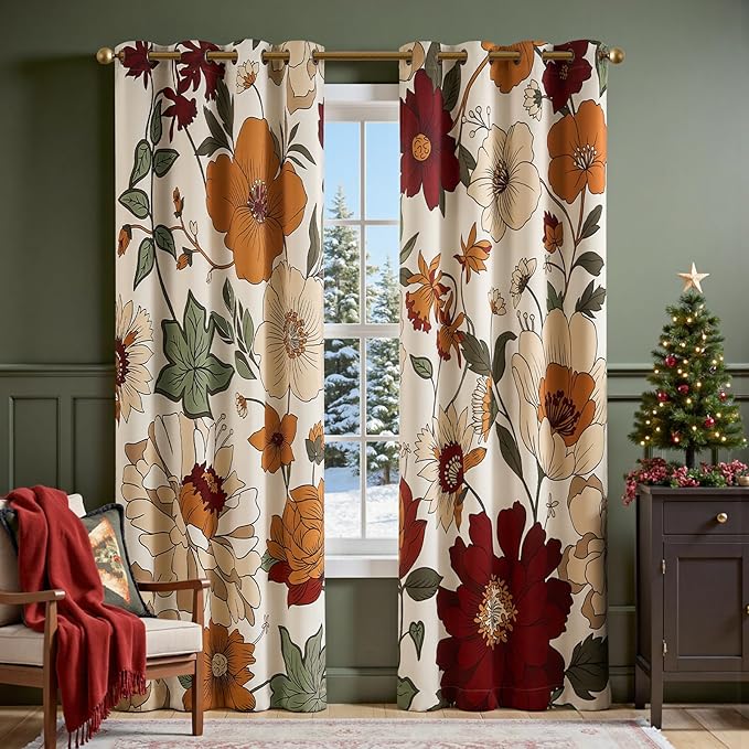 JINCHAN Lora Floral Curtains for Bedroom 95% Blackout Drapes Room Darkening Window Drapes Fall Decor Winter Vintage Flower Patterned Curtains for Living Room 84 Inch Length 2 Panels with Grommet Beige