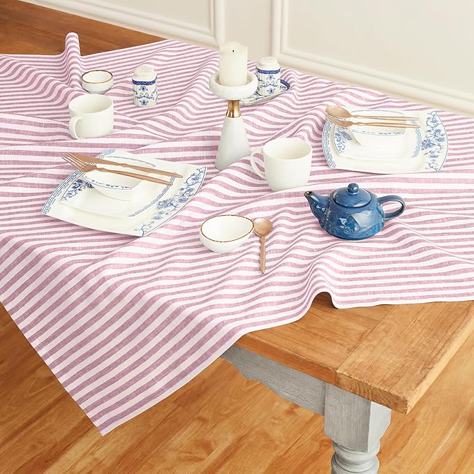 Solino Home Linen Striped Tablecloth 52 x 52 Inch - 100% Pure Linen Cherry Blossom and White Square Table Throw - Amalfi Stripe, Machine Washable Tablecloth