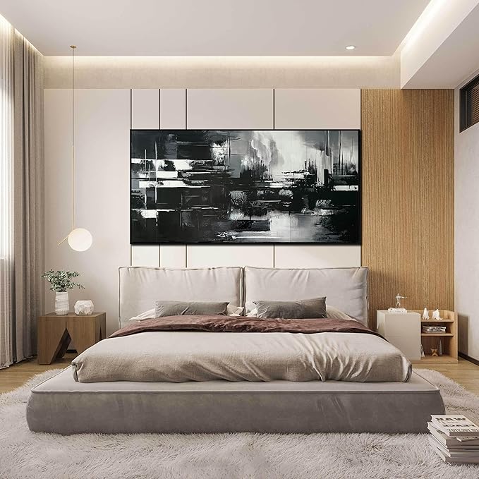Hand Painted Abstract Canvas Wall Art for Living Room - Black and White Pictures for Office Wall Decor - Large Modern Wall Art Size 29" x 59"