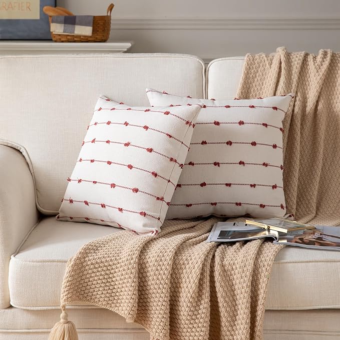 Caflife Boho Fall Throw Pillow Covers 20x20 inches Beige and Rust, Set of 2 Modern Farmhouse Decorative Pillow Covers for Couch Bed, Living Room