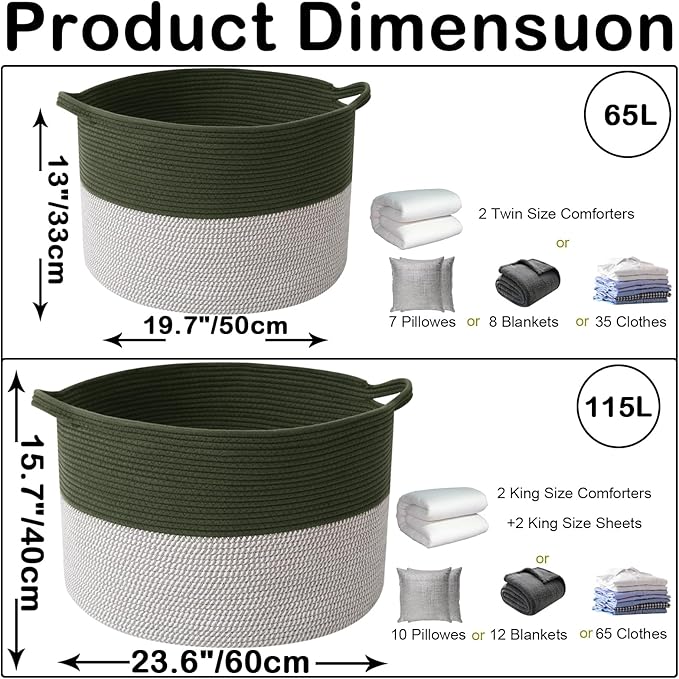 Large Blanket Basket for Organizing,115L Closet Organizers and Storage Bins Box for Shelves Woven Rope Storage Baskets,Living Room,Bedroom,Dorm,Laundry room (Green&White)