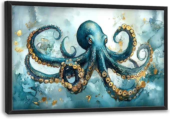 Octopus Large Decor Framed Wall Art Blue and Gold Pictures for Living Room, Ocean Nautical Oversized Canvas Print Painting Modern Extra Large Framed Artwork for Bedroom Office Home Decor 36"x24"