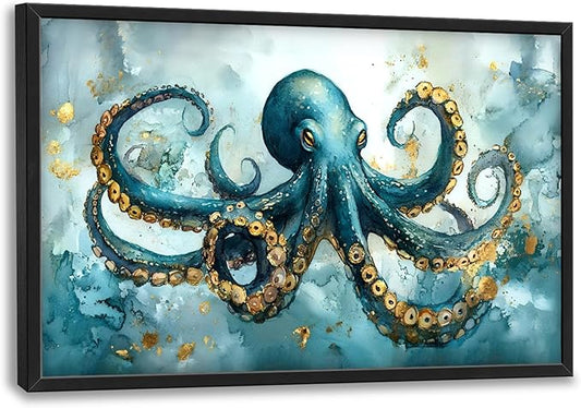 Octopus Large Decor Framed Wall Art Blue and Gold Pictures for Living Room, Ocean Nautical Oversized Canvas Print Painting Modern Extra Large Framed Artwork for Bedroom Office Home Decor 36"x24"
