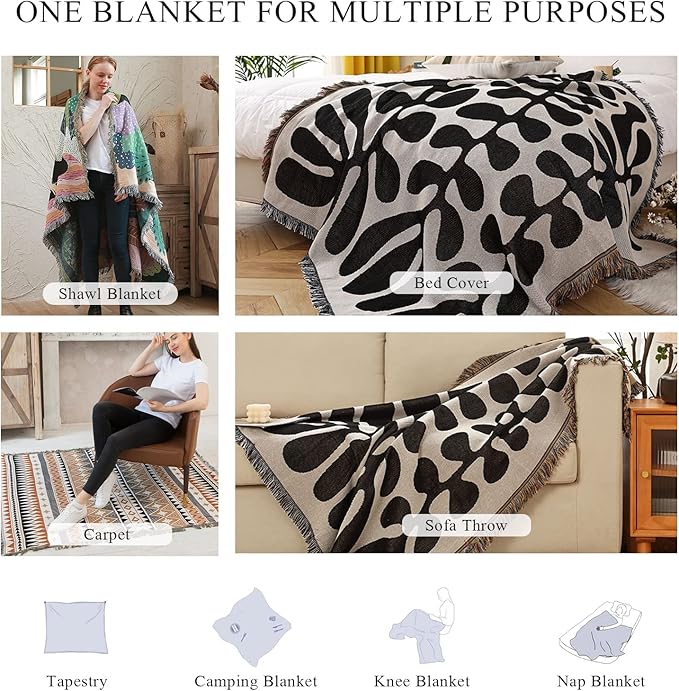 Double-Sided Cotton Woven Throw Blanket with Tassel Jungle Bohemian Style Tapestry Shawl Multi-Function Decorative Throws for Sofa Bed Armchair Camping Blanket Tablecloth Carpet 160x130cm