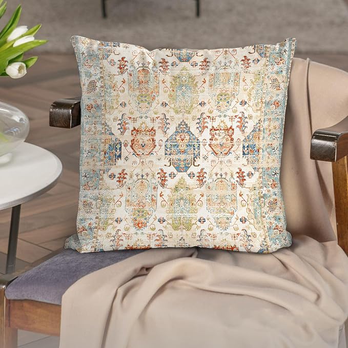 Boho Floral Throw Pillow Covers 20x20 inch Set of 2,Beige Boho Rug Geometric Floral Pattern Decor Double Sided Pattern Cushion Cover Soft Pillow Case Living Sofa Room Bed Square Pillow Cover