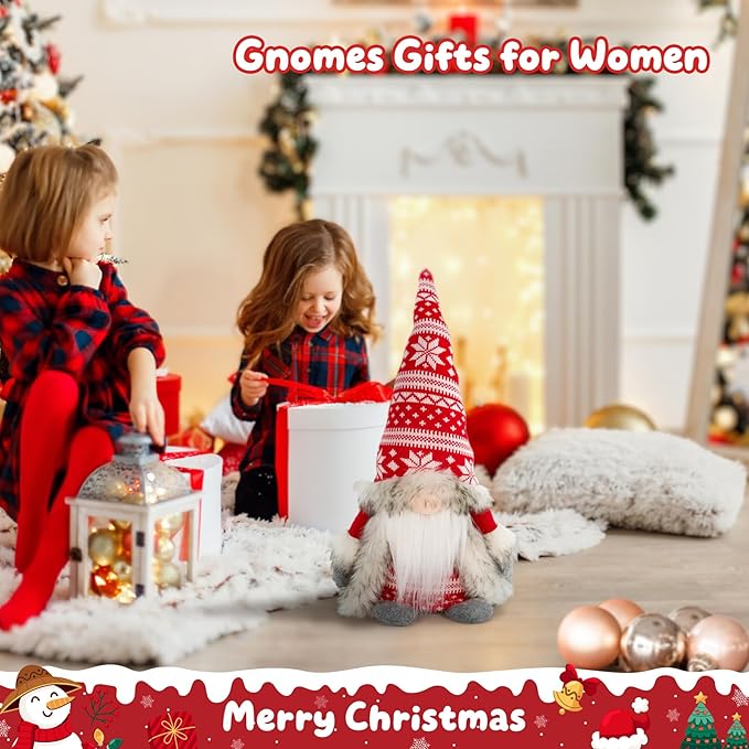 Gnomes Christmas Decorations - Red Plush Holiday Gnome Figurine with Faux Fur Cloak, Cute Nordic Tabletop Accent for Mantel, Shelf, Office or Festive Idea