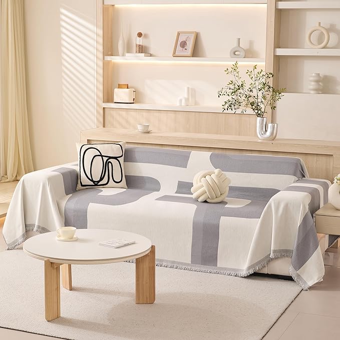 MEETSKY Gery Couch Cover for Dogs,Sofa Covers Washable Couch Protectors for Pets, Universal Couch Cover Thick Durable Sectional Couch Covers for 3 Cushion Couch, 91" x 118", Grey Geometry
