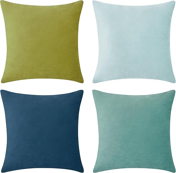 MONDAY MOOSE Decorative Throw Pillow Covers Cushion Cases, Set of 4 Soft Velvet Modern Designs, Mix and Match for Home Decor, Pillow Inserts Not Included (20x20 inch, Green/Blue)
