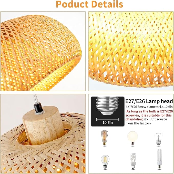18inch Bamboo Rattan Pendant Lights, Hand-Woven Wicker Boho Hanging Ceiling Lights Fixture, Beige Pendant Lamp Rustic Farmhouse Chandelier for Kitchen Island, Dining Room, Bedroom, Living Room