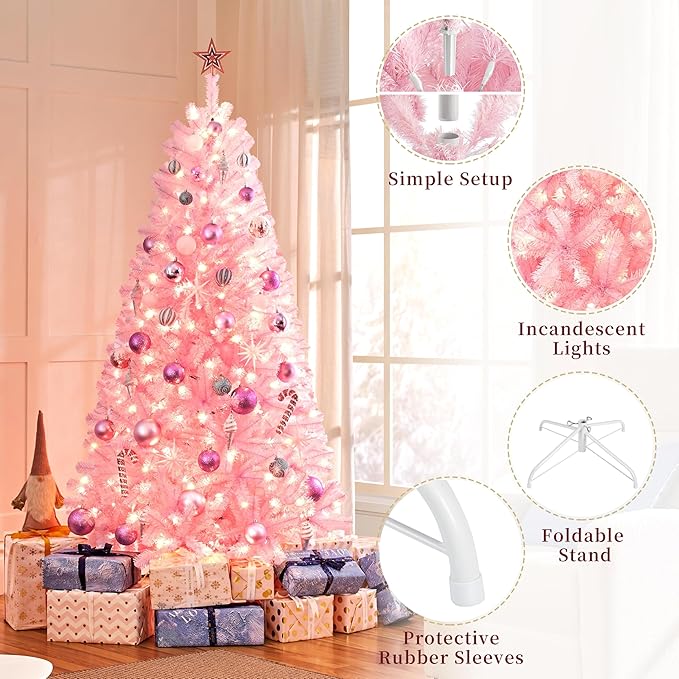 Yaheetech 6ft Pre-lit Artificial Hinged Christmas Tree Prelighted Full Holiday Xmas Tree for Home Party Decoration with 300 Warm White Lights & 818 Branch Tips, Foldable Metal Stand, Pink