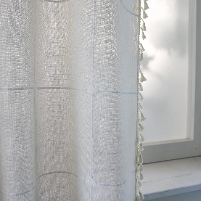 Sutuo Home Boho Curtain for Bedroom 84 Inch Length, Light Filtering Country Farmhouse Vintage Chic Tassels Window Treatment Bohemian Grid Drape for Decor 1 Panel 52" W x 84" L, Cream White Plaids