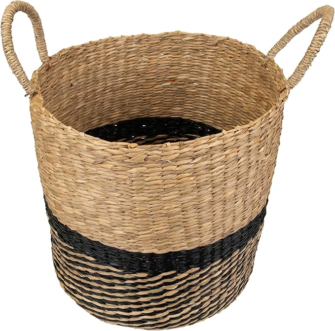 Woven Table and Floor Cylindrical Seagrass Baskets - Black and Beige - Set of 3