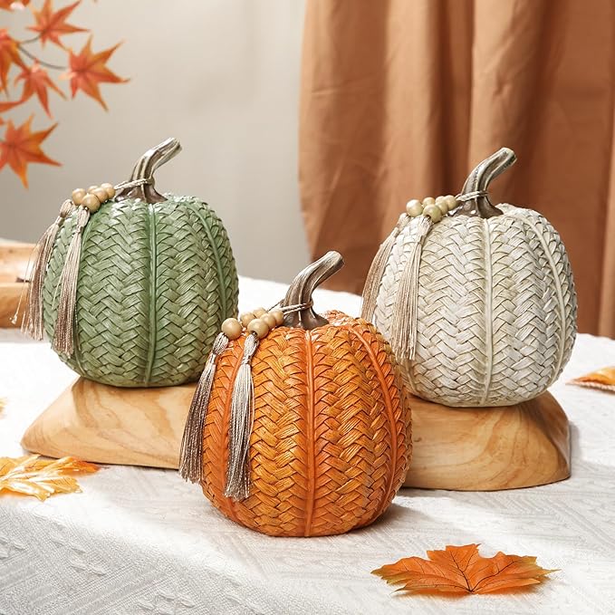 Hollyone Pumpkins Fall Decoration, 3 Pack Woven Resin Pumpkins Decorative Autumn Fake Pumpkin for Home Thanksgiving Harvest Halloween Wedding Table Centerpiece Shelf Indoor Outdoor Porch Decor