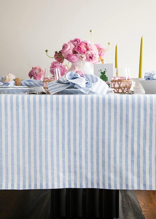 Solino Home Linen Tablecloth 60 x 90 Inch - Amalfi Stripe 100% Pure Linen Sky Blue and White Table Cloth for Rectangle Tables - Machine Washable Tablecloth for Holiday