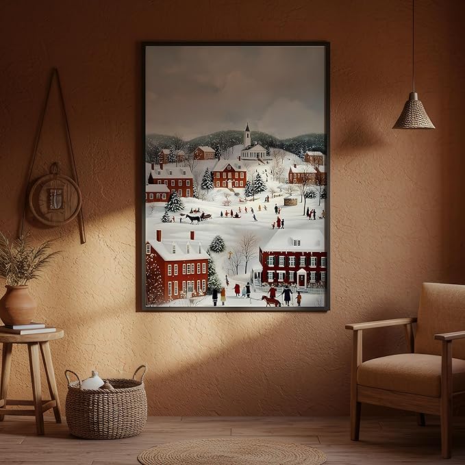 OZCONO Vintage Christmas Village Wall Art for Holiday Farmhouse Decor, Cozy Winter Town Scene Artwork, Classic Snowy Christmas Decoration, Noel Seasonal Print (Unframed) (9x11)
