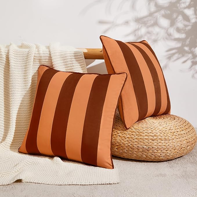 MONDAY MOOSE Decorative Throw Pillow Covers Cushion Cases, Set of 2 Soft Velvet Striped Piping Edge Designs, Pillow Inserts Not Included (Rust/Coral, 16x16 inch)