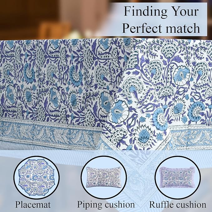 CPC Tablecloth 100% Cotton 60x90 Inch Indian Block Print Rectangle Table Cover, Washable Table Cloth for Weddings, Spring/Summer, Barbeque - Indigo Blue