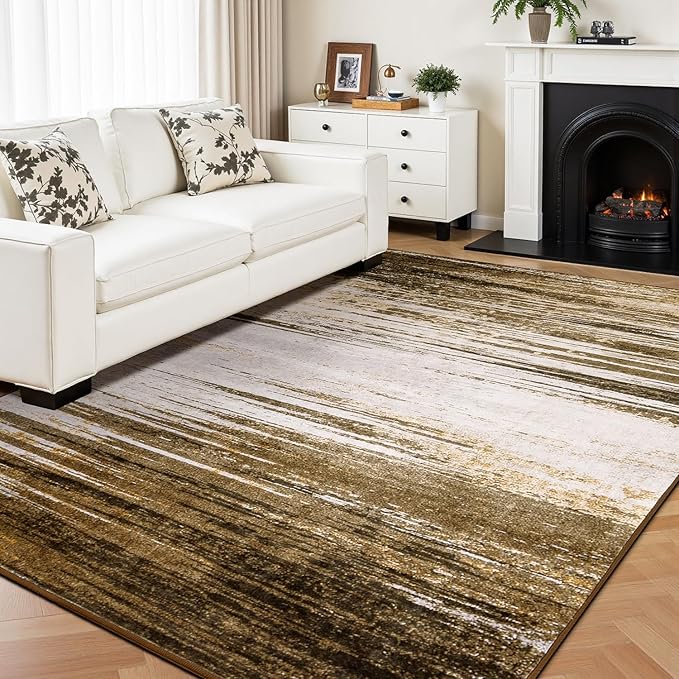 Rugflix 6x9 Area Rug, Washable Rug for Living Room, Non Slip, Soft Low Pile, Modern Abstract Gold Brown Rug for Bedroom, Dining Room, Home Office, Indoor Floor Carpet