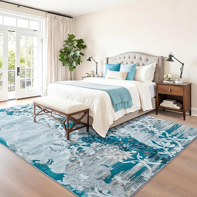 Keeko 8x10 Area Rugs for Living Room,Modern Abstract Floral Pattern Rugs for Bedroom,Soft Washable Rug with Non-Slip Backing Low-Pile Non-Shedding Carpet for Kitchen Home Office Dining Table - Blue