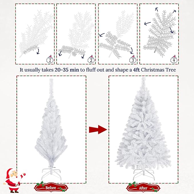Yaheetech 4ft Pre-lit Spruce Artificial Hinged Christmas Pine Tree Prelighted Xmas Tree for Home Party Holiday Decoration with 70 Clear Warm White Lights and 110 Branch Tips, White
