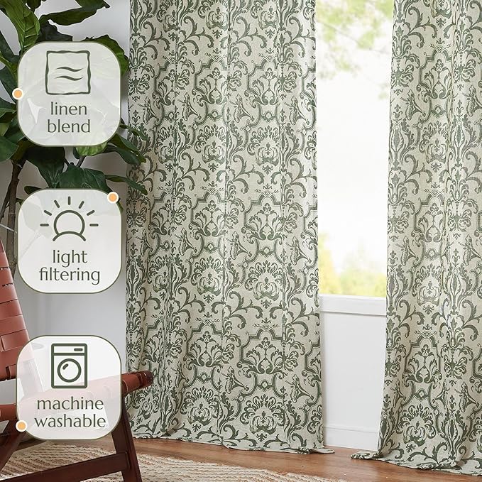 jinchan Linen Curtains for Bedroom & Living Room - Moss Green Damask Patterned Curtains, 63 Inch Length, Light Filtering, Vintage Baroque Style Drapes with Grommet Window Treatments - 2 Panels Set
