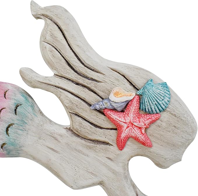 Veclotch Wood Mermaid Nautical Beach Wall Decor, Rustic Mermaid Wooden Hanging Coastal Wall Art Sculpture for Home, Lake House, Ocean Bathroom Decor, White,pink,aqua