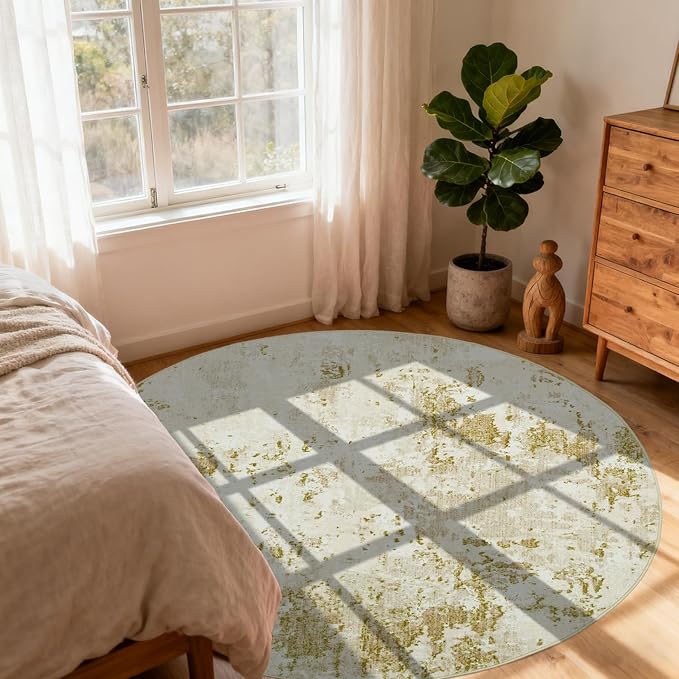 Modern Abstract 4x4 Round Area Rug Non Slip Non Shedding Rug Low Pile Stain Resistant for Bedroom Living Room Office Dining Room,Golden Grey