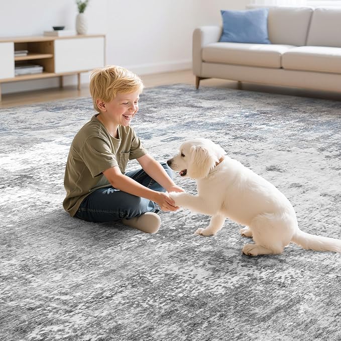 Washable 10X14 Area Rug: Modern Abstract Soft Non-Slip Indoor Rugs - Low Pile Stain Resistant Foldable Rug for Living Room Bedroom Dining Room Playroom Office(Blue Grey 10'x14')