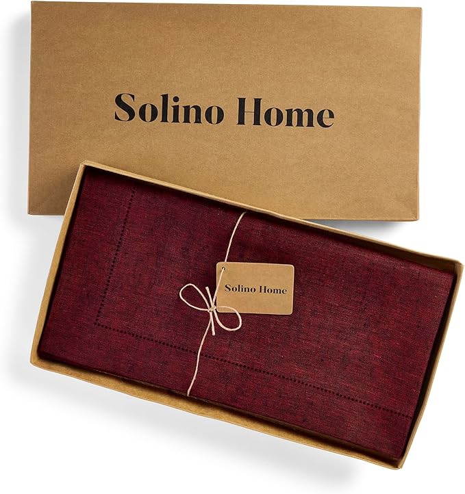 Solino Home Linen Square Tablecloth 52 x 52 Inch - 100% Pure Linen Red Garnet Table Throw - Milan Hemstitch, Machine Washable Table Cloth for Fall, Autumn, Thanksgiving, Christmas, Holiday, Winter
