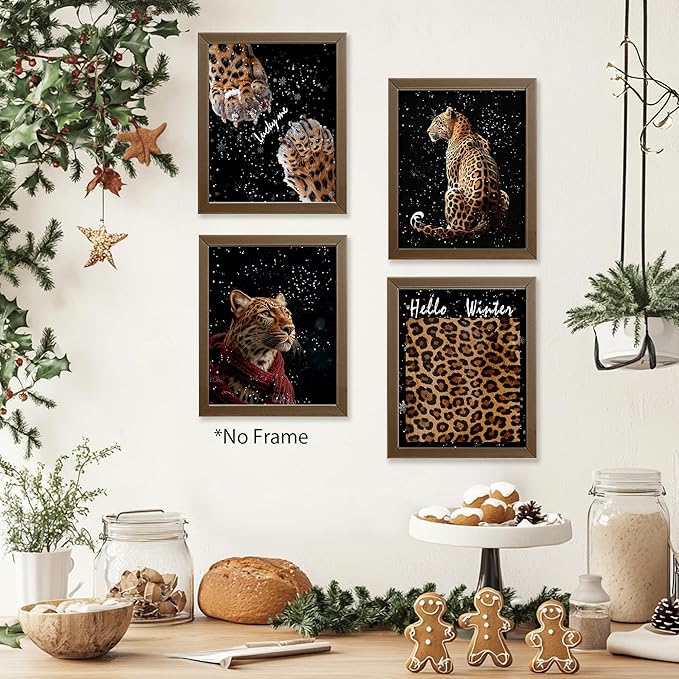 AEHIE Hello Winter blcak Leopard Wall Art Poster Prints for Home Bedroom Living Room Office, Trendy Leopard Poster Print,Winter Funky Lucky Artwork Cheetah Wall Art Unframed 4pcs 8x10inch