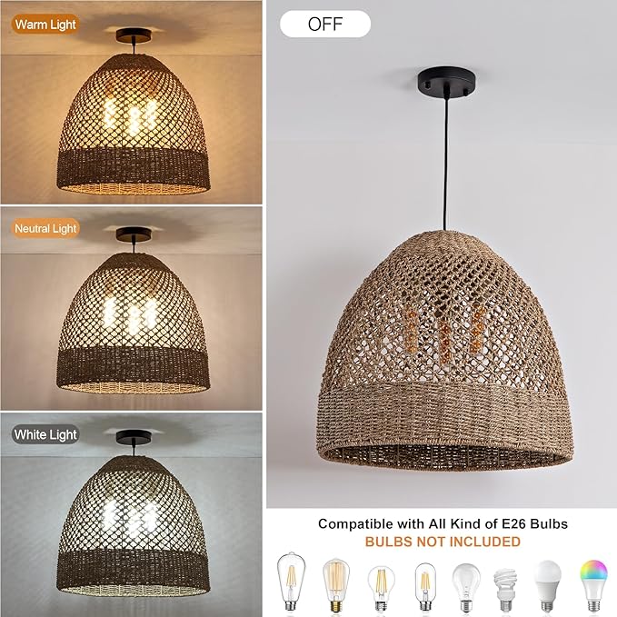 18.9" Rustic Woven Pendant Light Fixture 3-Lights Bohemian Handmade Basket Hanging Light Rattan Wicker Farmhouse Chandelier for Kitchen Island Bedroom Living Room, Kitchen Island, Foyer Hallway
