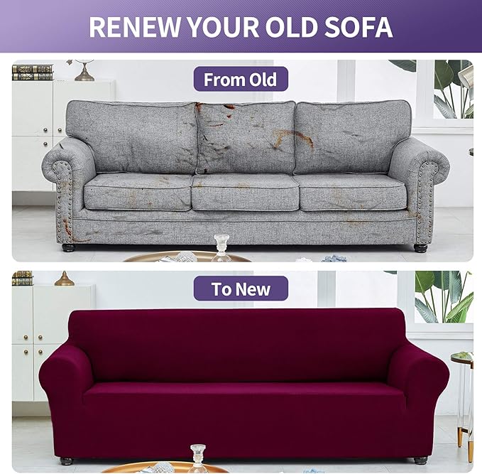 Joccun Stretch Loveseat Couch Cover Slipcover, 1-Piece Sofa Cover for 2 Cushion Couch Spandex Jacquard Washable Furniture Protector Cover for Living Room,Kids,Pets（Loveseat,Burgundy）