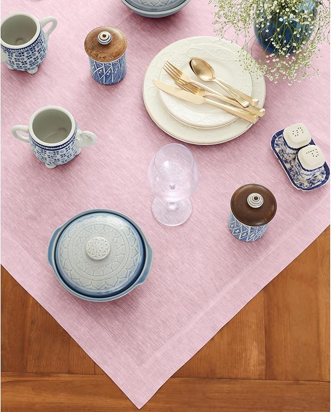 Solino Home Linen Tablecloth 52 x 52 Inch - 100% Pure Linen Square Table Throw - Athena, Machine Washable Bubblegum Pink Tablecloth
