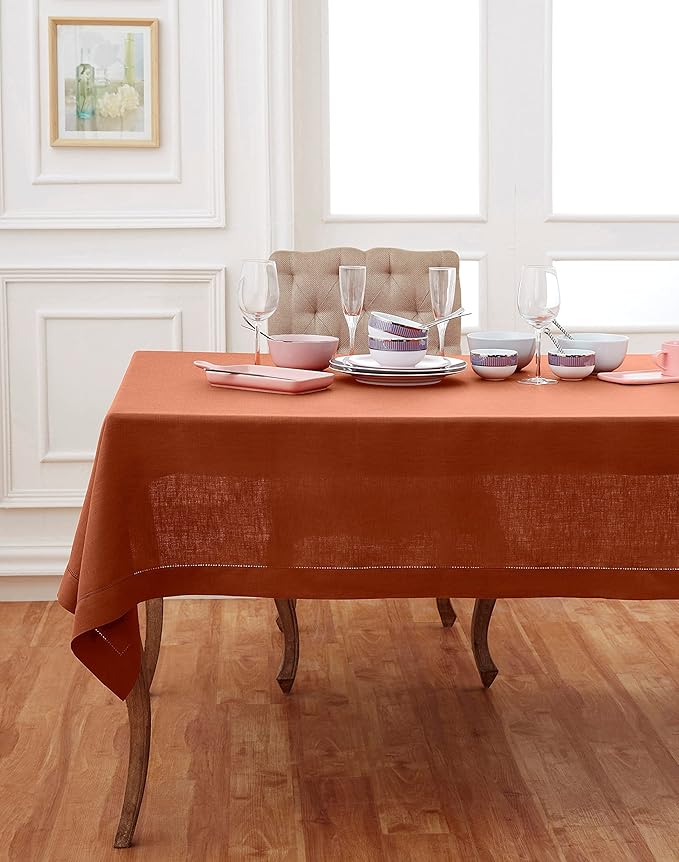 Solino Home Linen Tablecloth 60 x 90 Inch - Classic Hemstitch 100% Pure Linen Cinnamon Table Cloth for Rectangle Tables - Machine Washable Tablecloth for Fall, Autumn, Winter, Thanksgiving