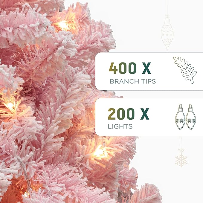 YITAHOME 4.5 FT Prelit Pink Flocked Christmas Tree, Pre-Lit Pink Spruce Artificial Christmas Tree with 400 PVC Flocked Tips and 200 Warm-White Lights for Home, Office Decoration