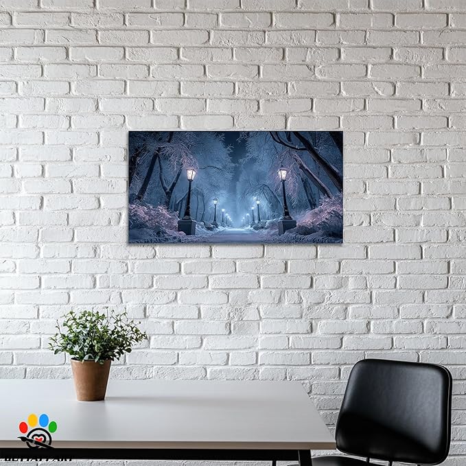 GUTTATY Winter Scene Christmas Canvas Wall Art, Blue Frosty Landscape Canvas Prints, Snowy Pathway Illuminated by Street Lamps, Park Winter Pictures Wall Decor for Living Room, Bedroom, 24x12 Inch