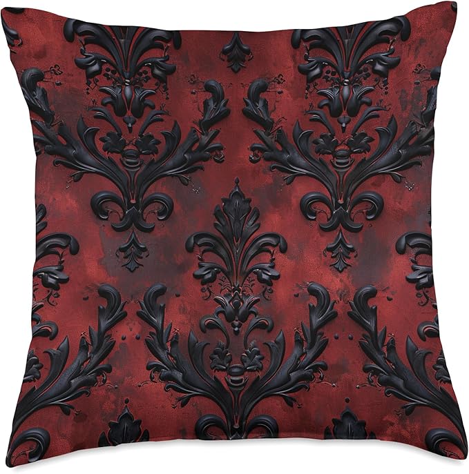 Damask Elegant Mansion Victorian Gothic Dark Red Haunted Throw Pillow
