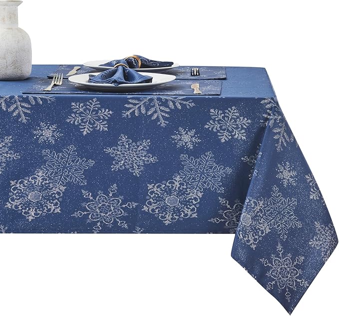 Rectangle Fancy Metallic Sparkling Snowflake Christmas Fabric Table Cloth red Hunter Gold Navy White Silver No-Iron Soil Resistant Woven Holiday Table Cover(Navy Silver/60x144Inch)