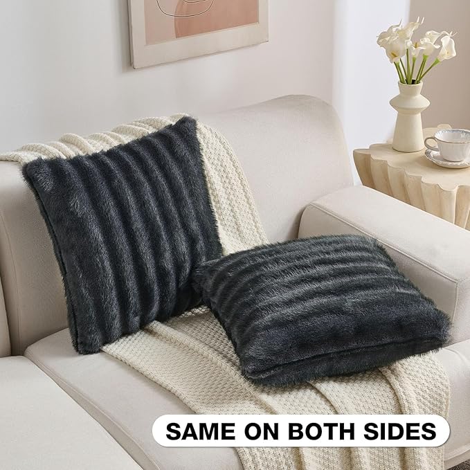 FUTEI Dark Grey Pink Decorative Throw Pillow Covers 16x16 Inch Set of 2,Soft Fluffy Faux Rabbit Fur Dyeing Striped Textured Cushion Case,Modern Home Decor for Couch Bed Living Room