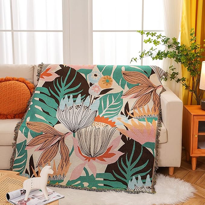 Double-Sided Cotton Woven Throw Blanket with Tassel Jungle Bohemian Style Tapestry Shawl Multi-Function Decorative Throws for Sofa Bed Armchair Camping Blanket Tablecloth Carpet 160x130cm