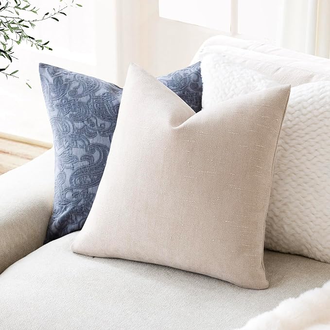 Foindtower Pack of 2 Soft Textured Throw Decorative Pillow Covers Square Accent Solid Cushion Cover Cozy Farmhouse Pillow Case with Zipper for Couch Sofa Bedroom Living Room 20x20 Inch, Light Beige