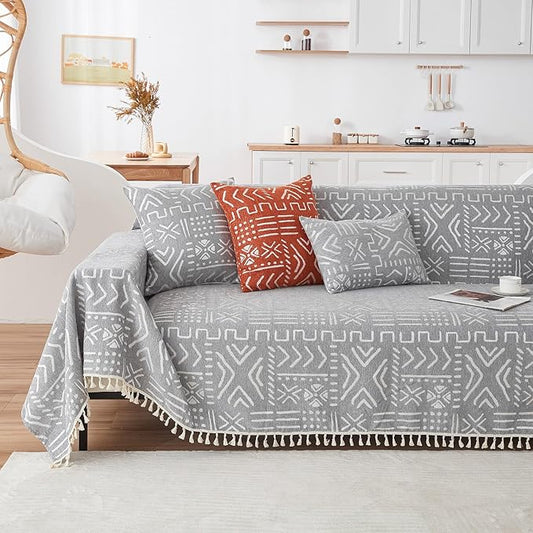 VClife Couch Cover Japanese Style Sofa Cover with Tassel, Soft Chenille Boho Couch Covers Sofa Covers Washable White Gray Furniture Cover for Living Room 71''x150''