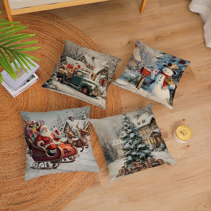 Neatee Living Christmas Pillow Covers 16x16 Set of 4 Farmhouse Xmas Vintage Throw Pillows Christmas Tree Deer Snowman Pillow Cases Outdoor Sofa Couch Cushion Covers for Home Decorations (16 by 16)
