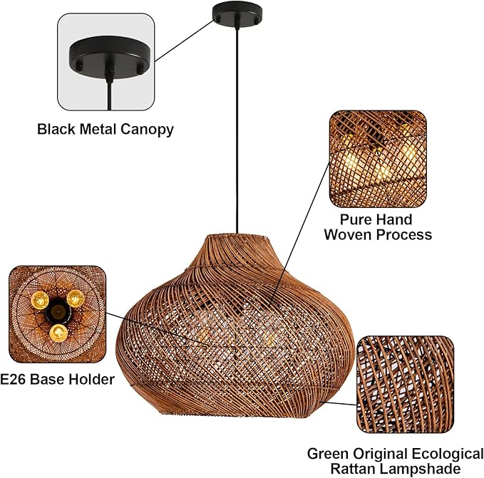 Boho Rattan Pendant Lights 18.9IN Hand-Woven Wicker Chandelier Rattan Basket Ceiling Hanging Light Fixtures for Dining Room Kitchen Island Living Room Entry Hallway Reataurant
