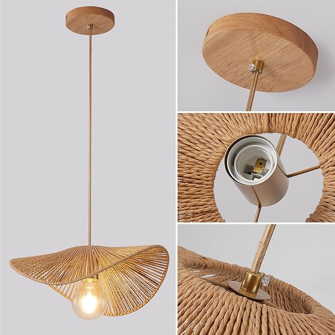 Boho Rattan Pendant Light Fixture Modern Style Hanging Light Bamboo Handwoven 1-Light Hanging Lamp for Farmhouse Bedroom Living Room Dining Room