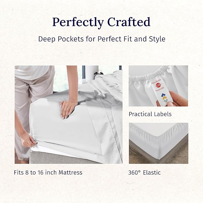California Design Den King Size Bed Sheets Set - Luxury 600 Thread Count Sateen, Natural 100% Cotton Deep Pocket King Sheet Set, Fully Elasticized, Cool & Durable Hotel Quality Bedding - Light Silver
