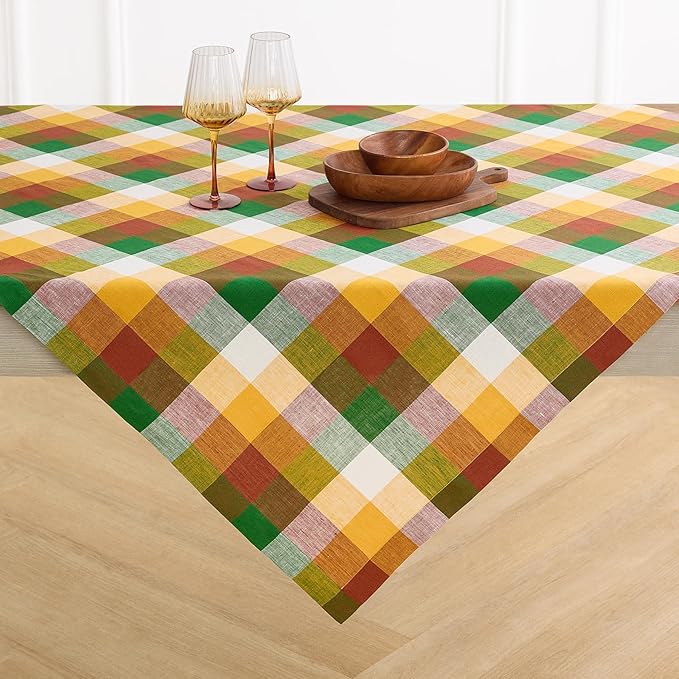 Solino Home Linen Checkered Tablecloth 52 x 52 Inch - 100% Pure Linen Fall Multicolor Buffalo Plaid Square Tablecloth - Machine Washable Table Throw for Autumn, Thanksgiving